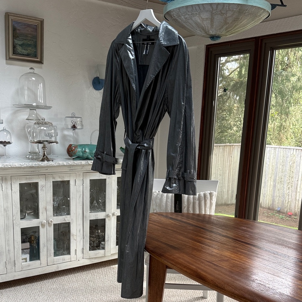 Jones New York Metallic Black Trench Coat with Self Tie